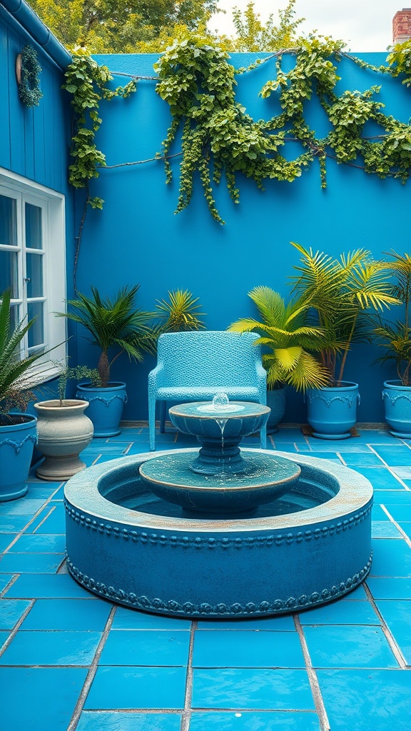 20 Gorgeous Ideas to Transform Your Patio with Blue Hues - 20. Refreshing Blue Water Feature for Tranquility
