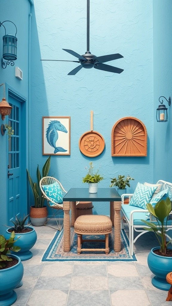 20 Gorgeous Ideas to Transform Your Patio with Blue Hues - 12. Aquatic-Themed Artwork to Add Personality