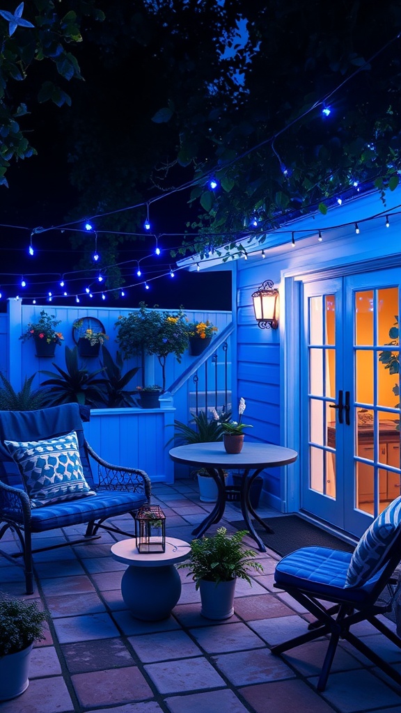 20 Gorgeous Ideas to Transform Your Patio with Blue Hues - 15. Soft Blue Fairy Lights for Magical Evenings