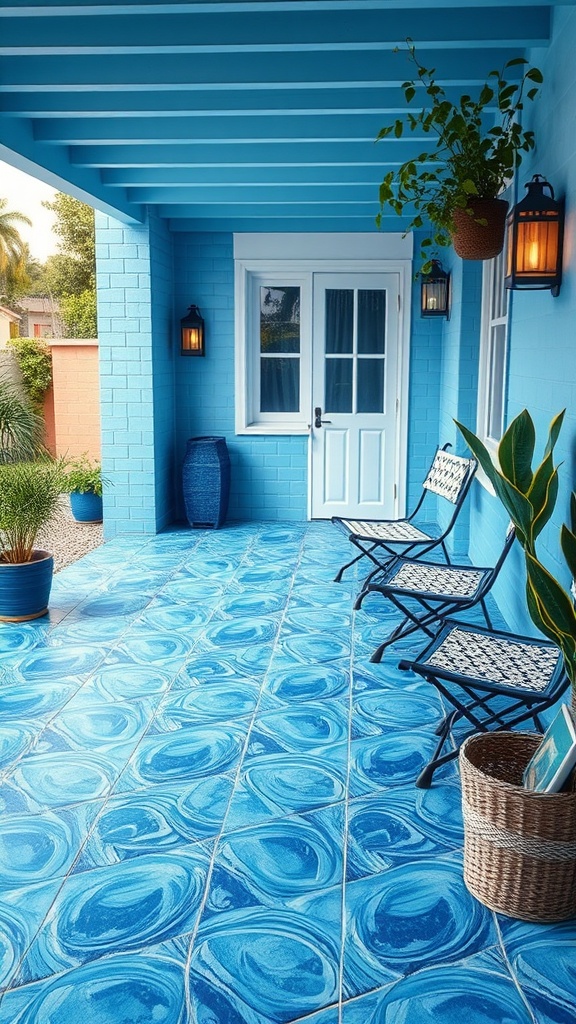 20 Gorgeous Ideas to Transform Your Patio with Blue Hues - 4. Ocean Wave Tiled Flooring for a Splash of Style