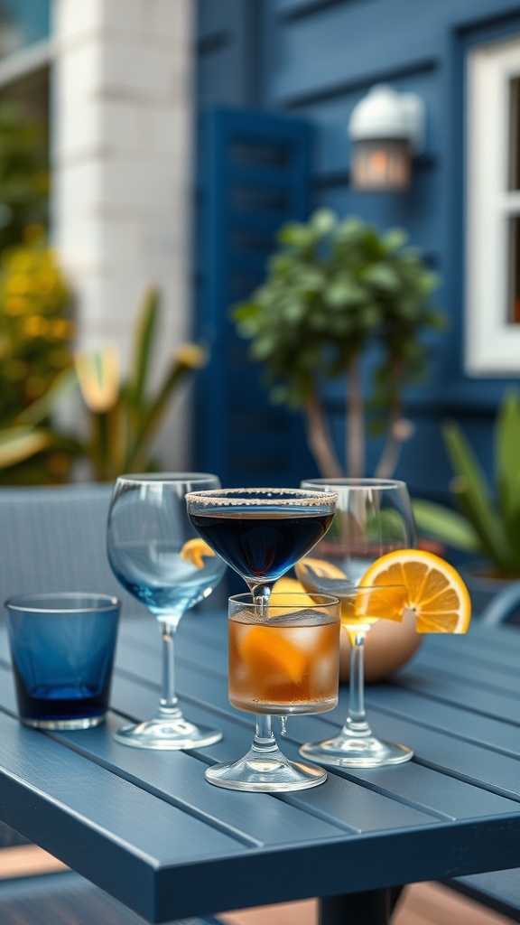 20 Gorgeous Ideas to Transform Your Patio with Blue Hues - 11. Elegant Navy Glassware for Stylish Sips