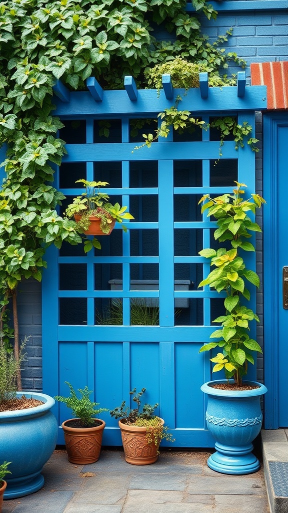 20 Gorgeous Ideas to Transform Your Patio with Blue Hues - 19. Striking Blue Trellis for Climbing Plants