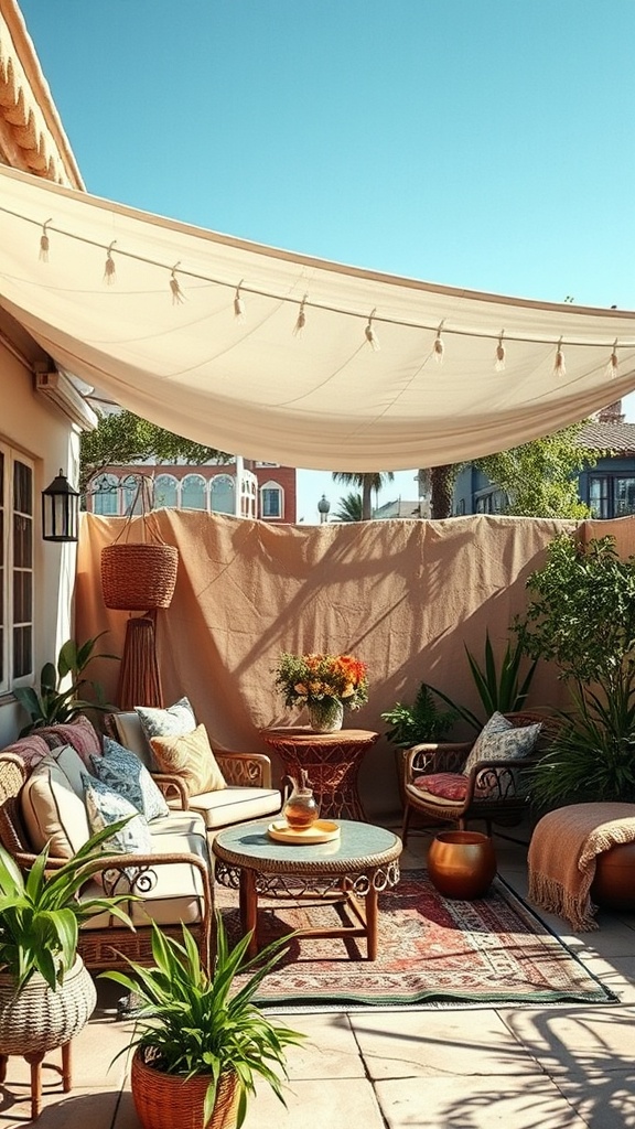 20 Bohemian Patio Ideas to Transform Your Outdoor Space - 10. A Canopy of Fabric for Shade