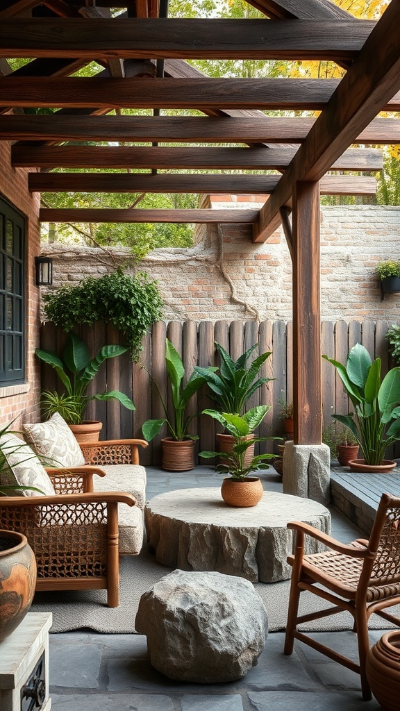 20 Bohemian Patio Ideas to Transform Your Outdoor Space - 9. Natural Elements: Wood and Stone
