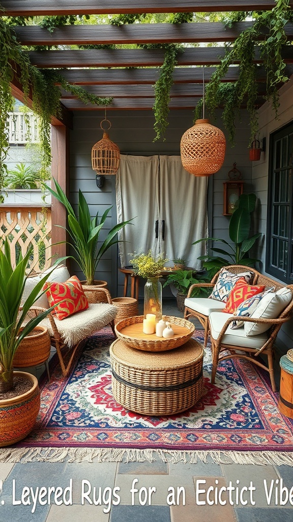 20 Bohemian Patio Ideas to Transform Your Outdoor Space - 2. Layered Rugs for an Eclectic Vibe