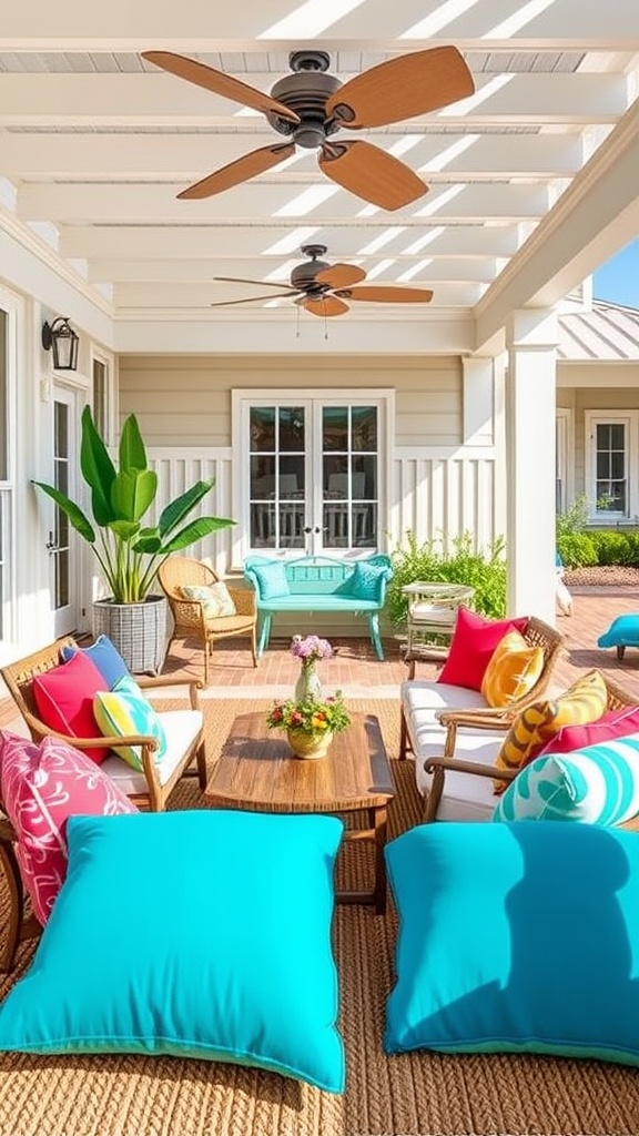 20 Bright and Breezy Ideas for Your Coastal Patio - 16. Colorful Cushions: Add a Splash of Fun
