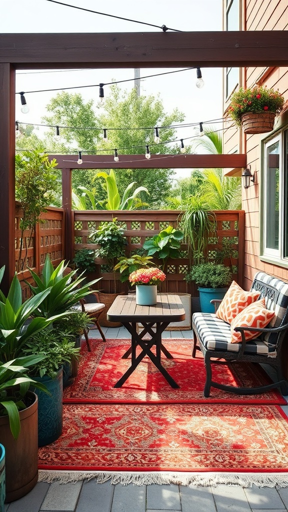 20 Vibrant Ideas to Transform Your Patio into a Colorful Oasis - 2. Colorful Outdoor Rugs: Add a Pop of Pattern Underfoot