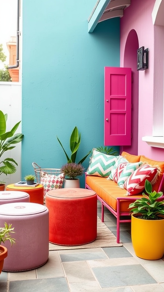 20 Vibrant Ideas to Transform Your Patio into a Colorful Oasis - 16. Colorful Stools or Ottomans: Versatile Seating Options