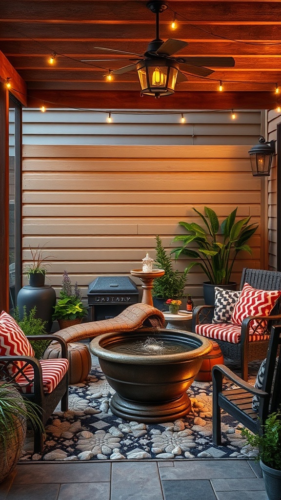 20 Cozy Patio Ideas You’ll Love This Summer! - 12. Add a Water Feature for Soothing Sounds