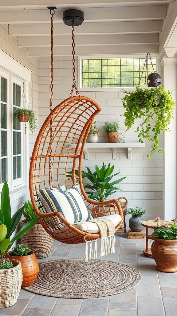 20 Cozy Patio Ideas You’ll Love This Summer! - 9. Hang a Swing Chair for Fun and Relaxation