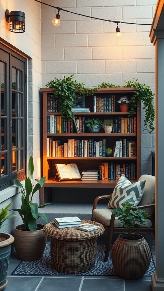 20 Cozy Patio Ideas You’ll Love This Summer! - 15. Create a Reading Nook with a Bookshelf