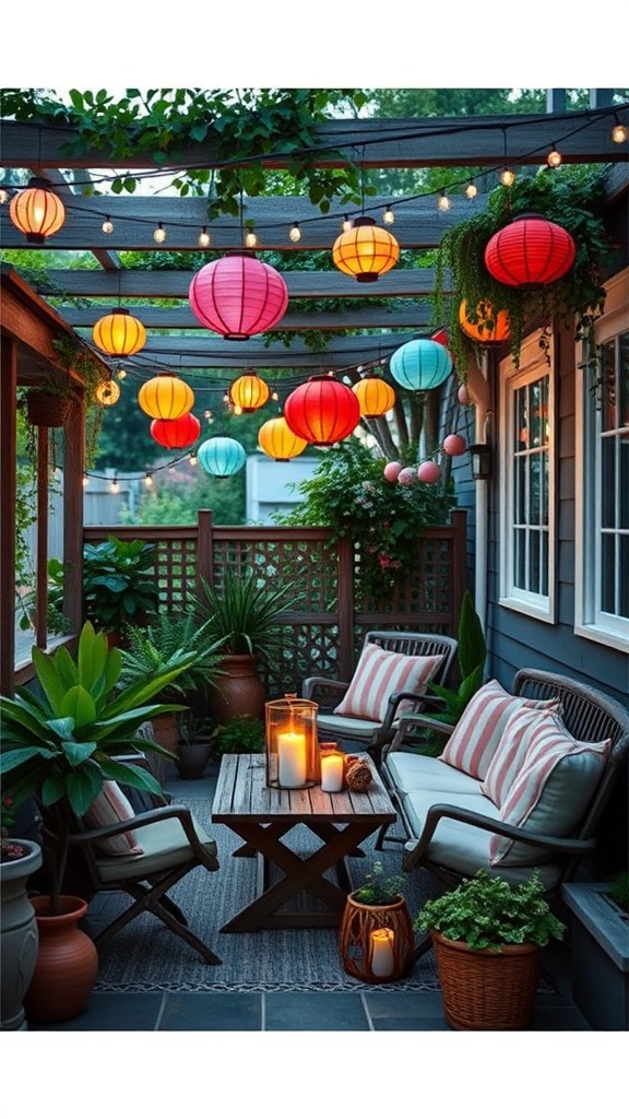20 Cozy Patio Ideas You’ll Love This Summer! - 11. Use Colorful Lanterns for Magical Evenings