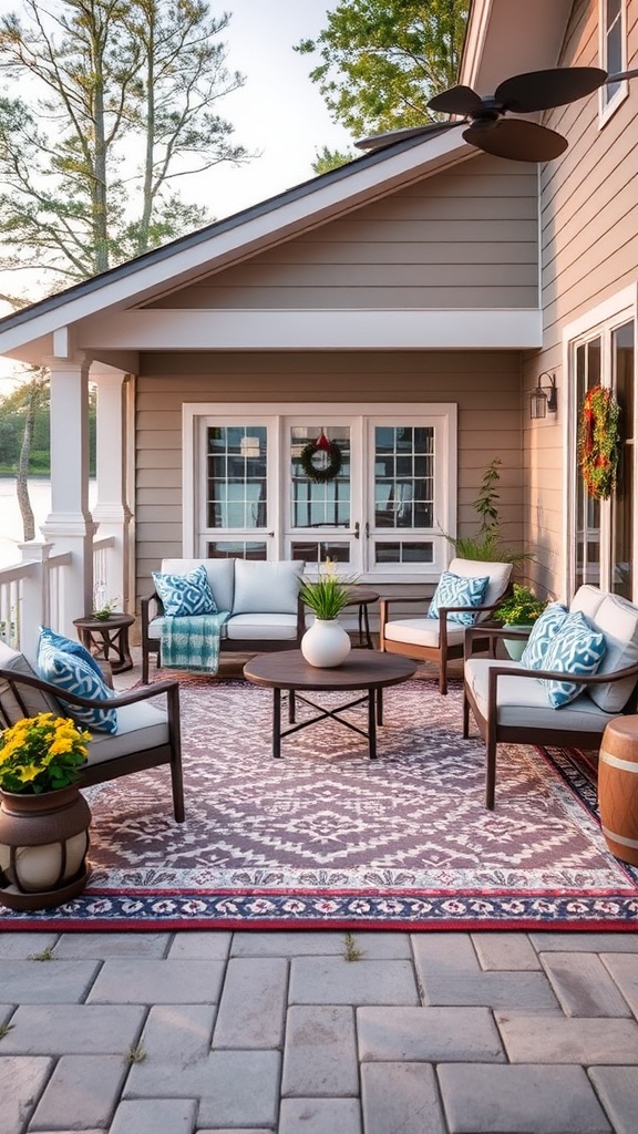 20 Stunning Ideas for Lake House Patios That Will Make You Want to Relax - 18. Outdoor Rug: Define Your Space with a Stylish Area Rug