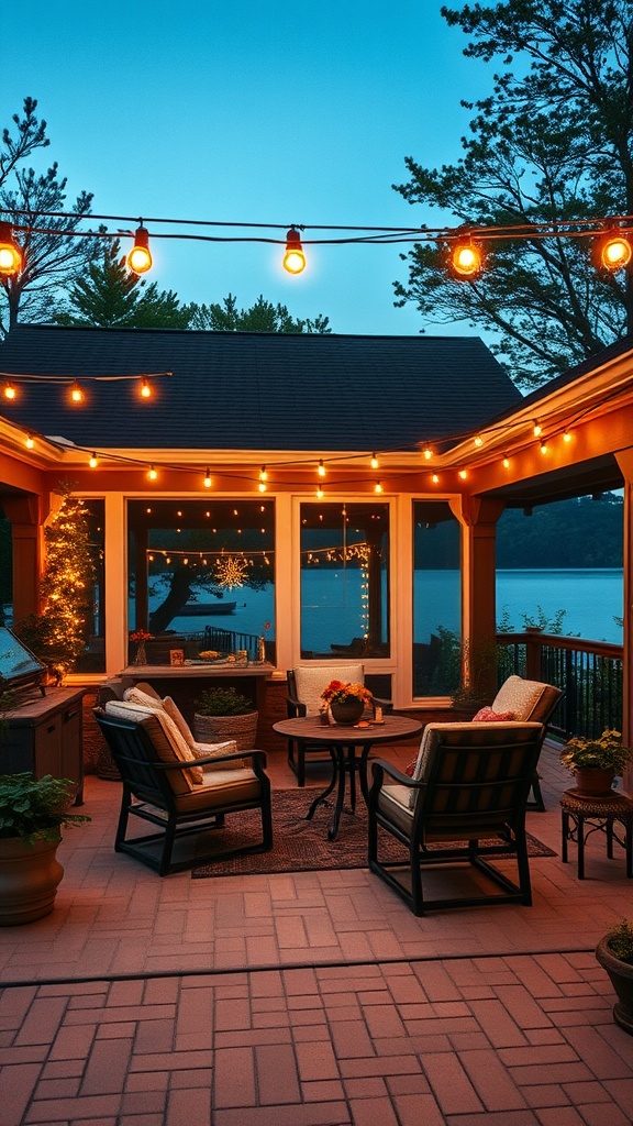 20 Stunning Ideas for Lake House Patios That Will Make You Want to Relax - 6. Twinkling Lights: Create a Magical Atmosphere with String Lights