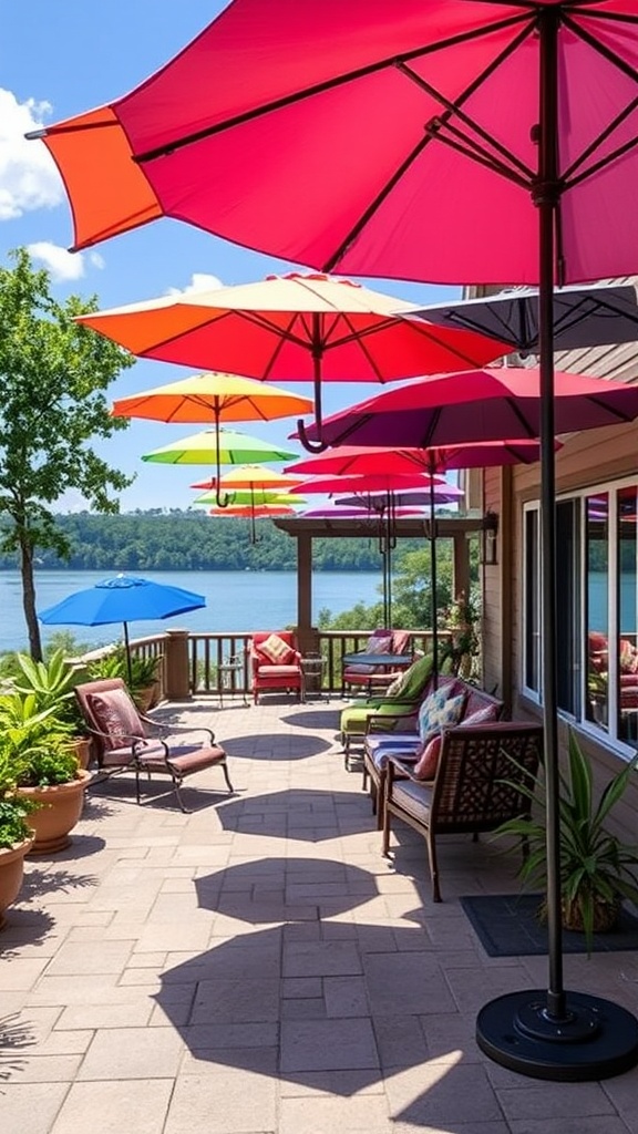 20 Stunning Ideas for Lake House Patios That Will Make You Want to Relax - 17. Colorful Umbrellas: Provide Shade with a Splash of Color