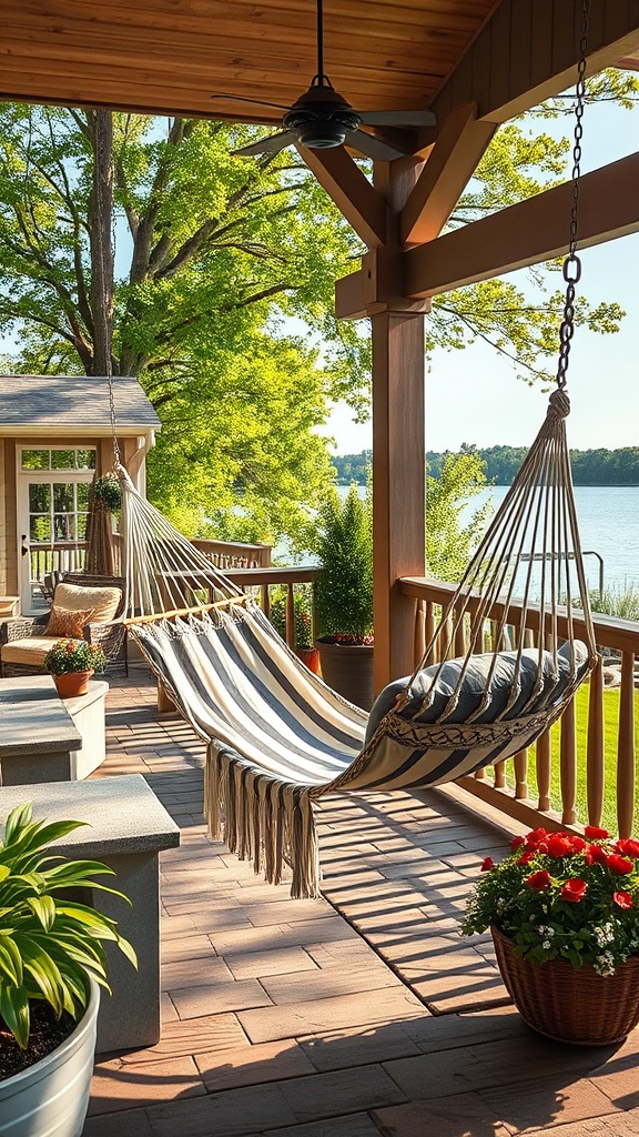 20 Stunning Ideas for Lake House Patios That Will Make You Want to Relax - 2. Swinging Serenity: Add a Hammock for Ultimate Relaxation