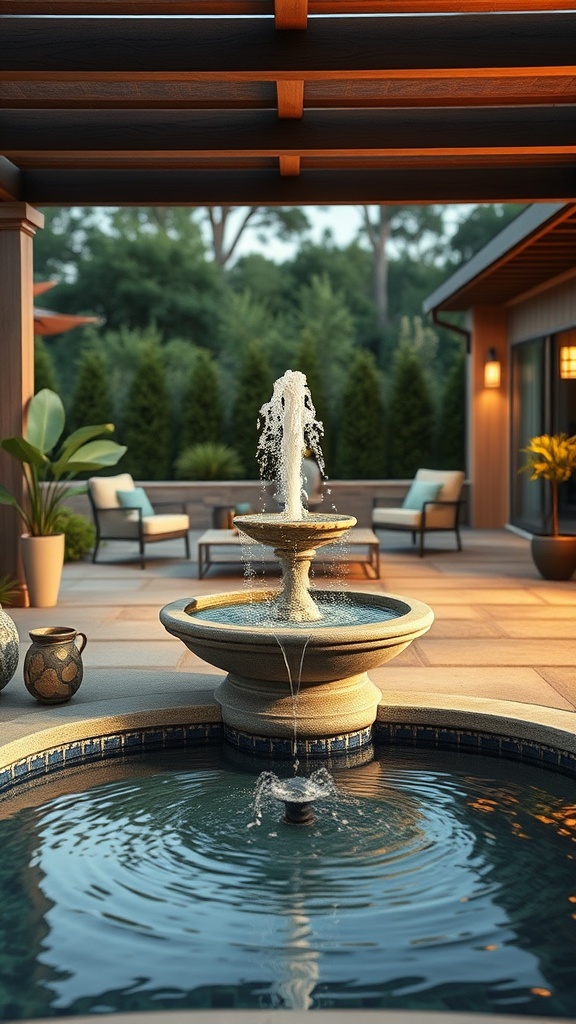 20 Stunning Large Backyard Patio Ideas to Transform Your Outdoor Space! - 14. Water Features: Soothing Sounds of a Fountain