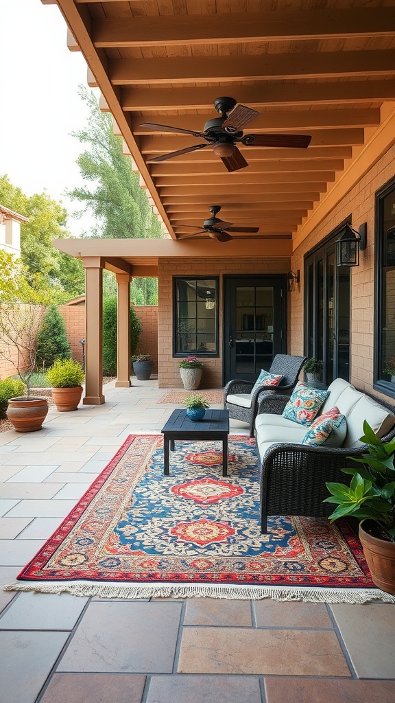 20 Stunning Large Backyard Patio Ideas to Transform Your Outdoor Space! - 11. Vibrant Rugs: Bring Color and Comfort to Your Patio