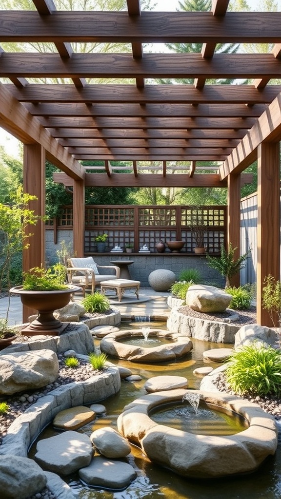 20 Stunning Pergola Patio Ideas to Transform Your Outdoor Space - 12. Zen Garden: Incorporate Water Features for Serenity