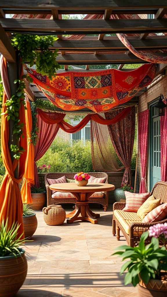 20 Stunning Pergola Patio Ideas to Transform Your Outdoor Space - 6. Bohemian Bliss: Colorful Fabrics and Patterns