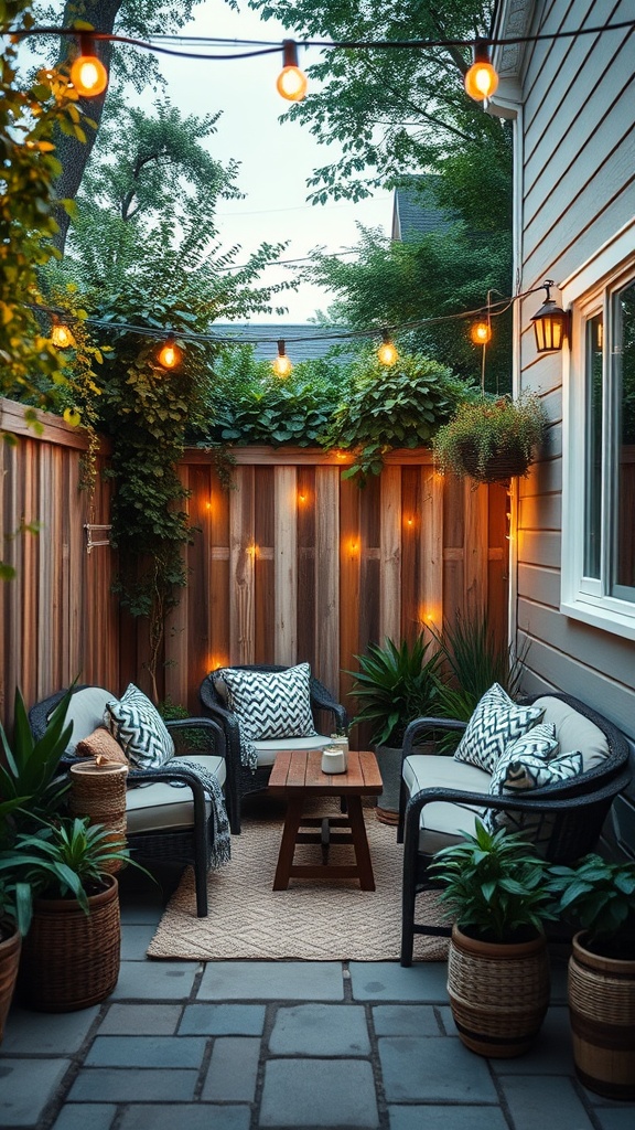 20 Fabulous Ideas to Transform Your Small Backyard Patio - Cozy Corner with String Lights