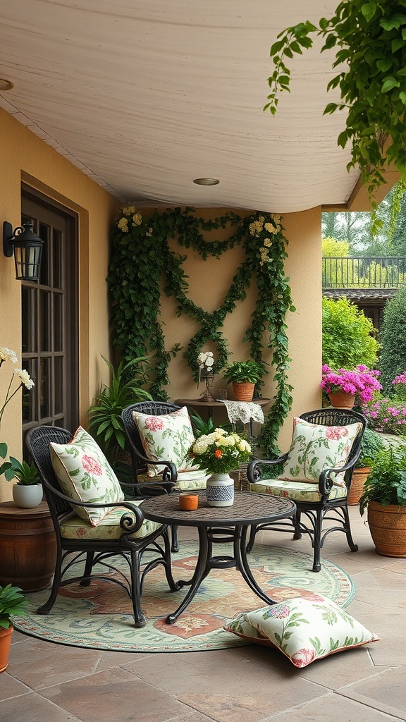 20 Charming Ideas to Create Your Vintage Patio Oasis - 6. Floral Patterns for Cushions and Fabrics