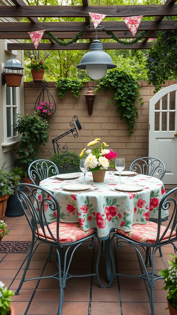 20 Charming Ideas to Create Your Vintage Patio Oasis - 12. Floral Tablecloths to Brighten Your Space