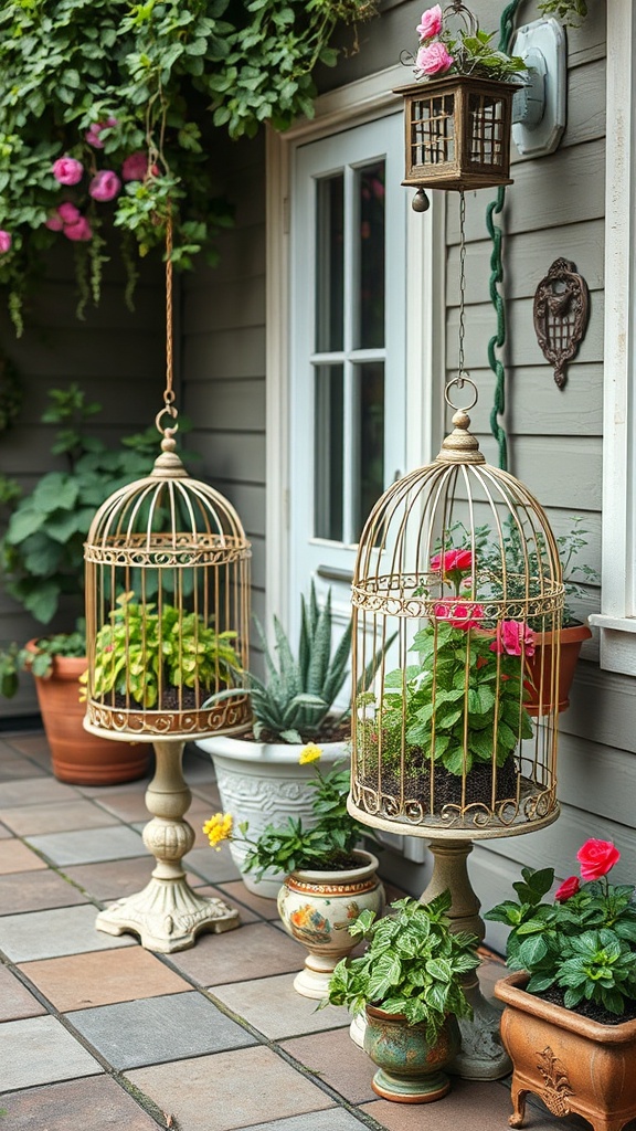 20 Charming Ideas to Create Your Vintage Patio Oasis - 7. Vintage Birdcage Planters: A Touch of Whimsy!