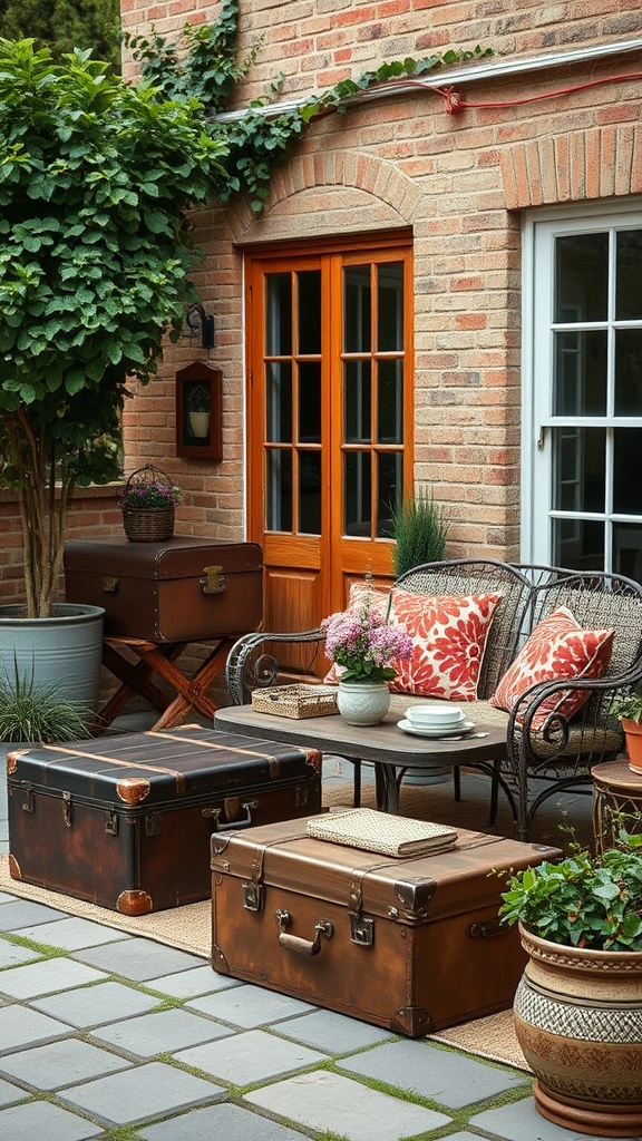 20 Charming Ideas to Create Your Vintage Patio Oasis - 18. Old Suitcases as Unique Side Tables