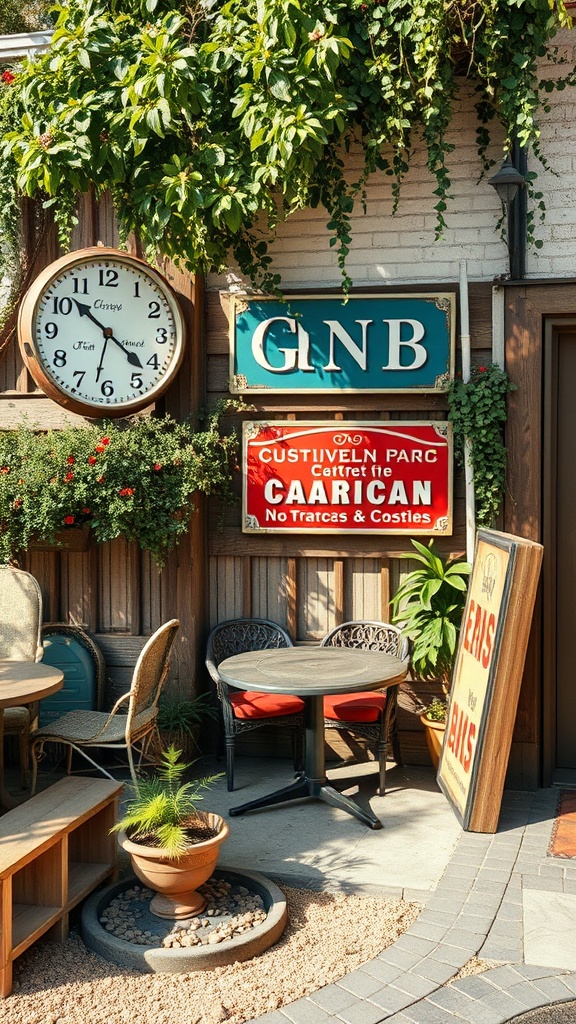 20 Charming Ideas to Create Your Vintage Patio Oasis - 14. Vintage Signs for a Personal Touch