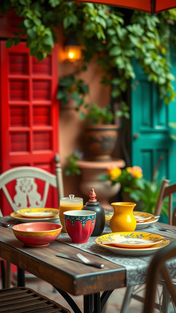 20 Charming Ideas to Create Your Vintage Patio Oasis - 2. Brightly Colored Vintage Tableware