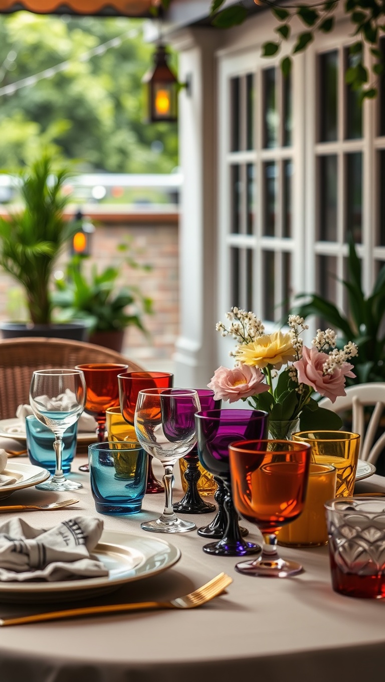 20 Stunning Ideas for Magical Al Fresco Dining Decor - 14. Colorful Glassware to Add Sparkle