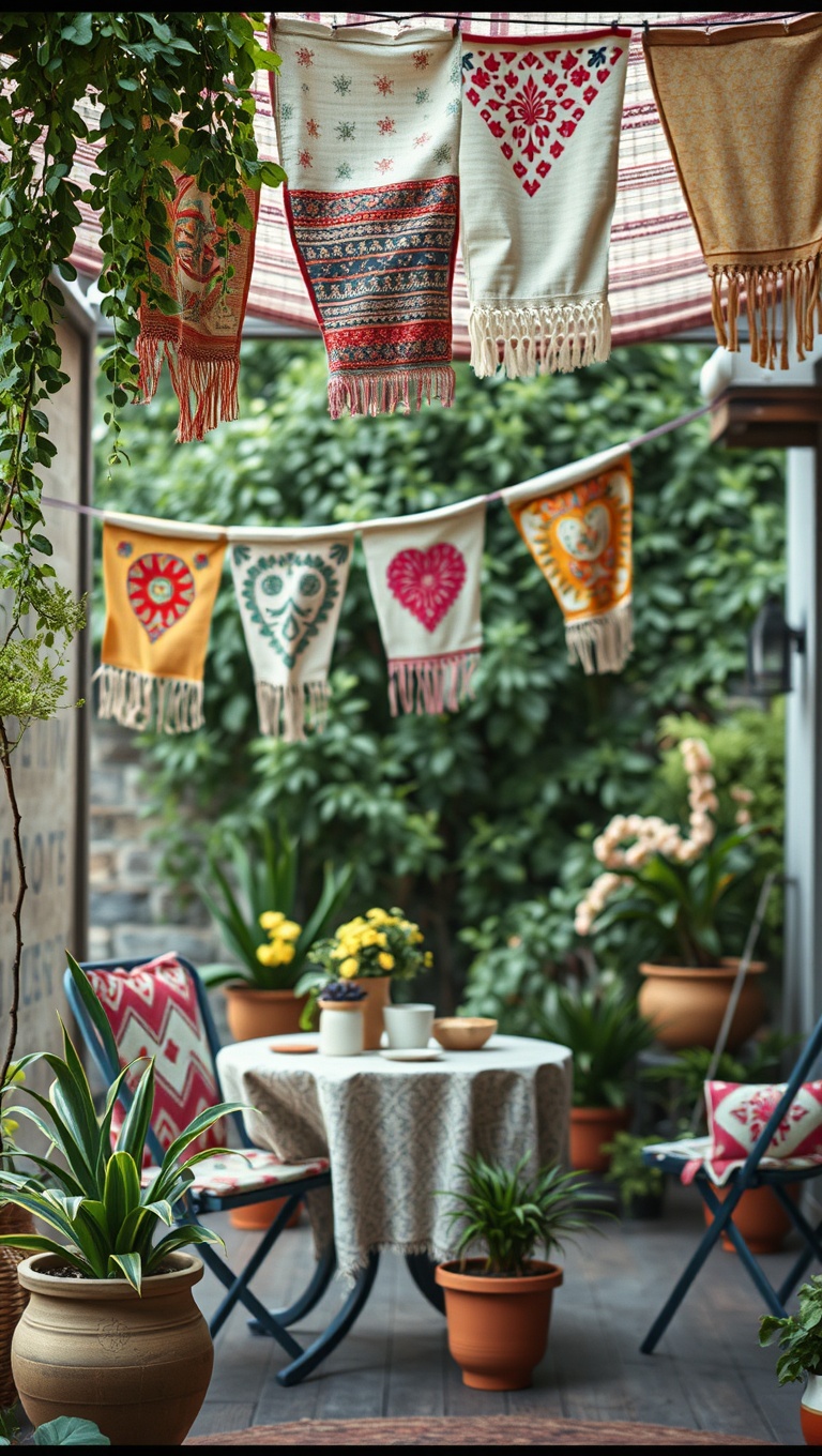 20 Bohemian Patio Textiles to Transform Your Outdoor Space - 6. Vintage Fabric Banners: Bring Some Whimsical Charm