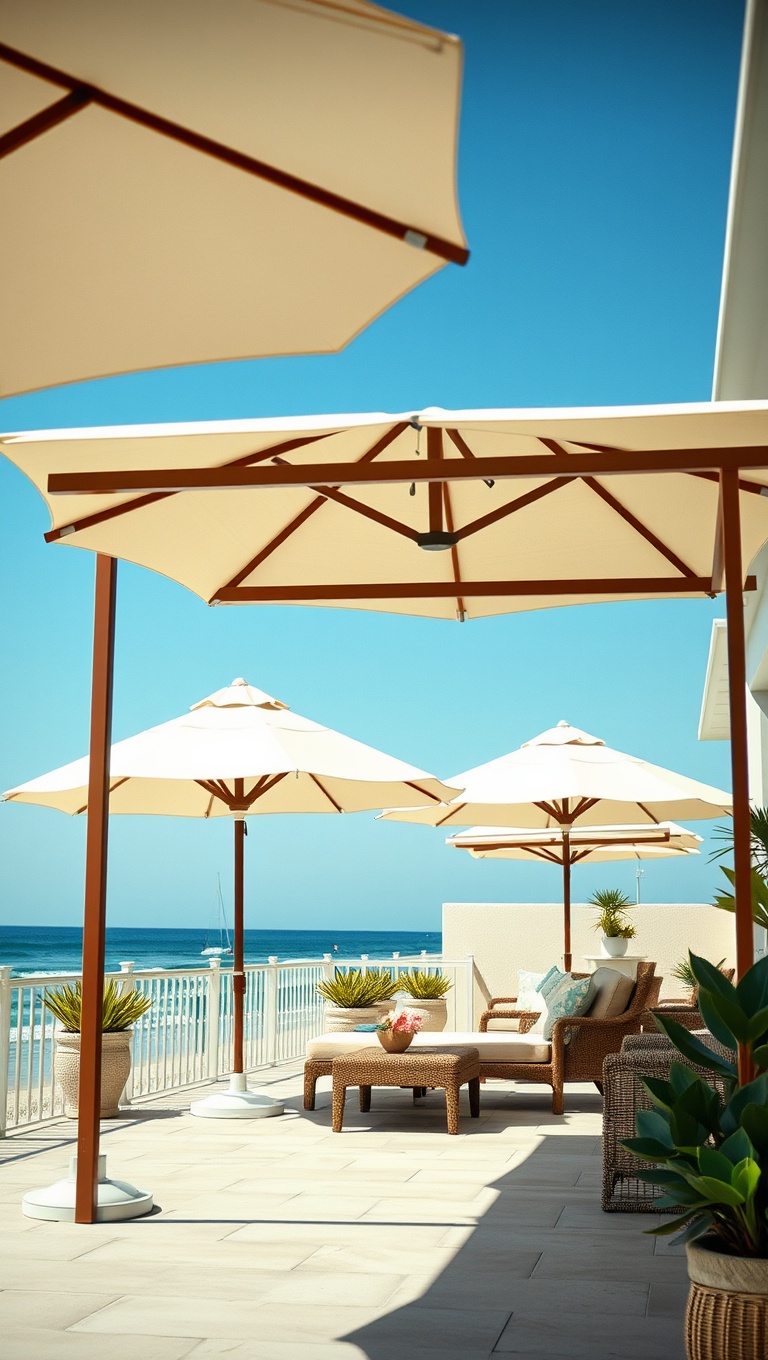20 Coastal Decor Ideas to Transform Your Patio into a Seaside Paradise - Umbrellas and Canopies: Shade Styled Like a Beach Cabana