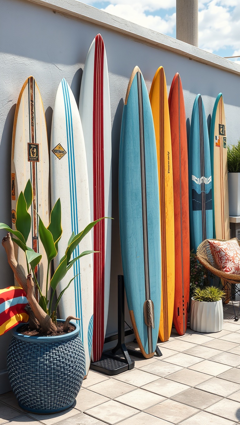 20 Coastal Decor Ideas to Transform Your Patio into a Seaside Paradise - 12. Surfboard Decor: Quirky and Fun Wall Art
