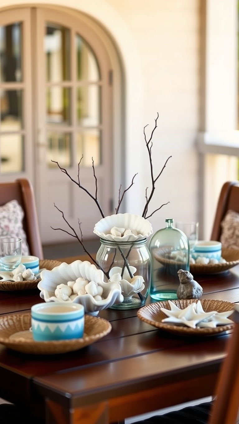 20 Coastal Decor Ideas to Transform Your Patio into a Seaside Paradise - 3. Seashell Centerpieces: Bring the Beach to Your Table