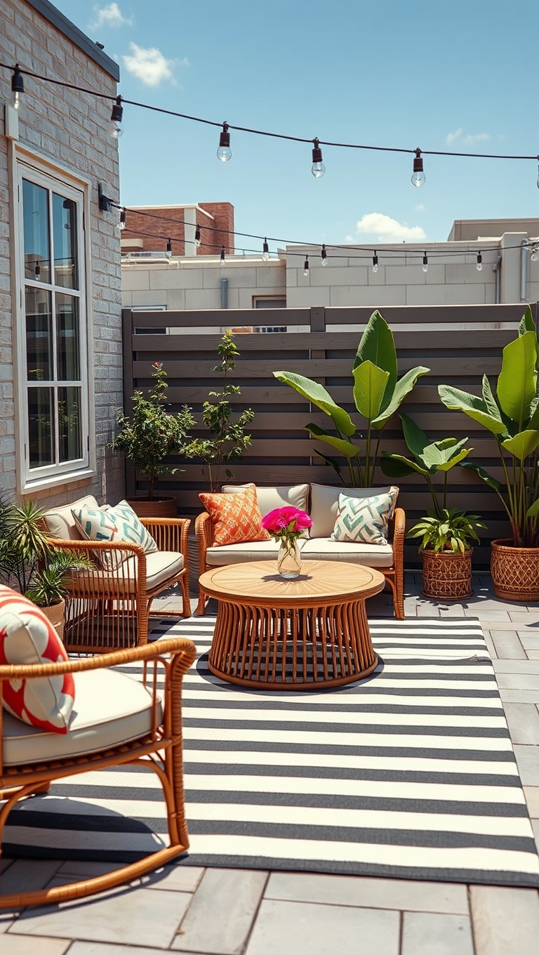 20 Fabulous Furniture Arrangements for Cozy Small Patios - 19. Playful Patterns: Use Striped Rugs to Define Seating Areas