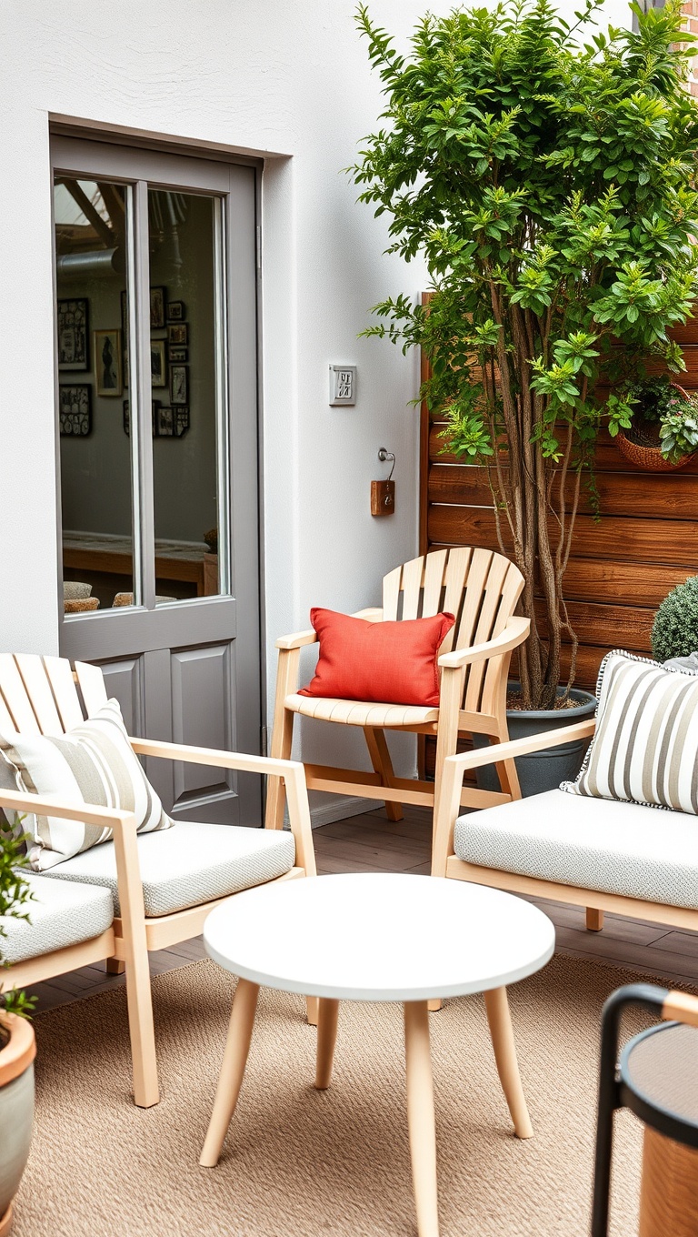 20 Fabulous Furniture Arrangements for Cozy Small Patios - 12. Stylish Stacking: Stackable Chairs for Easy Storage