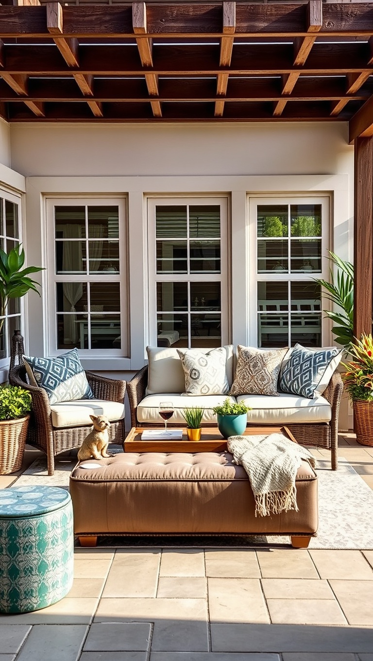 20 Fabulous Furniture Arrangements for Cozy Small Patios - 3. Multi-Functional Magic: Storage Ottomans That Double as Seating