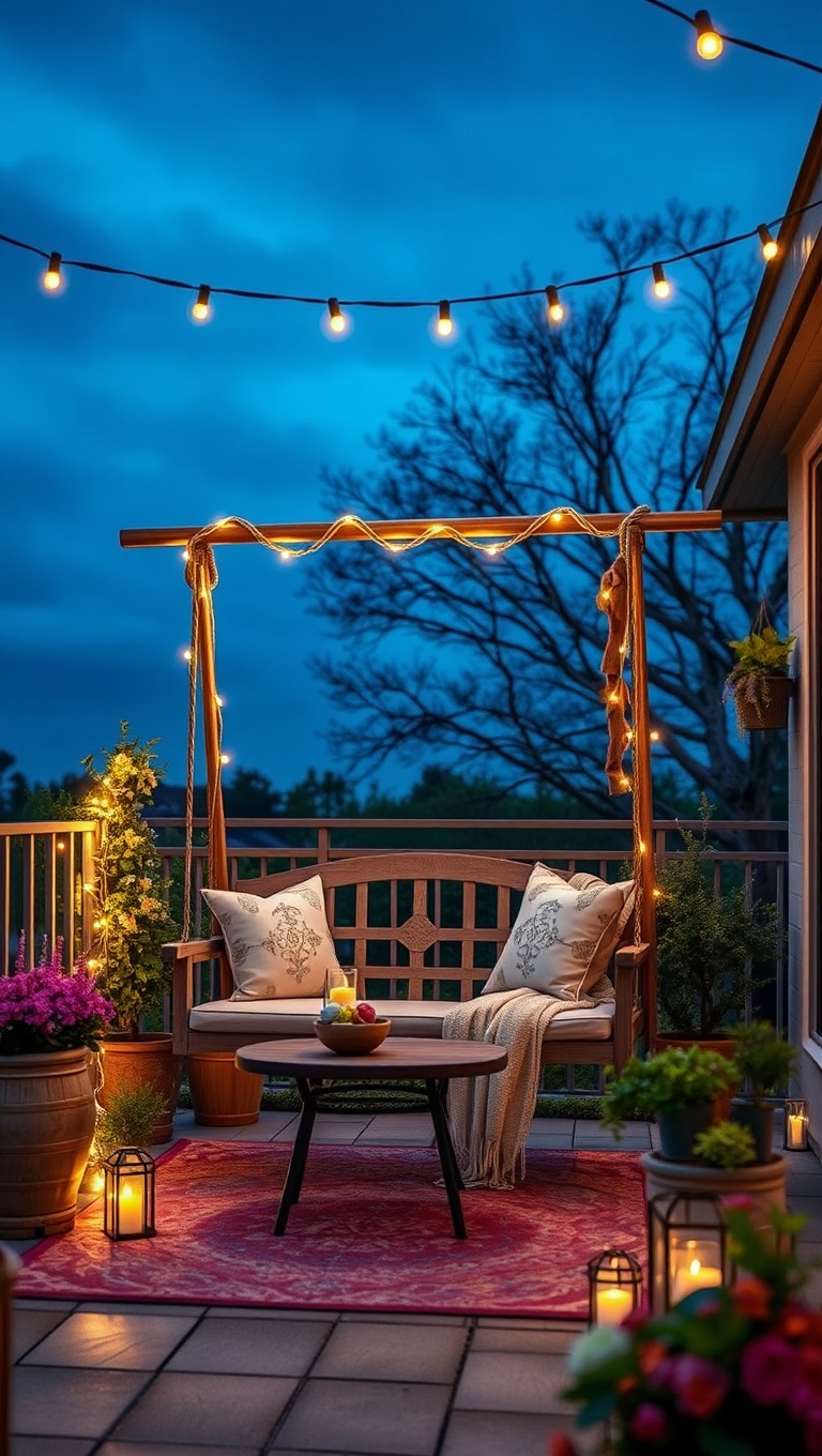 20 Fabulous Furniture Arrangements for Cozy Small Patios - 13. Romantic Retreat: A Swing Seat with Twinkling Lights