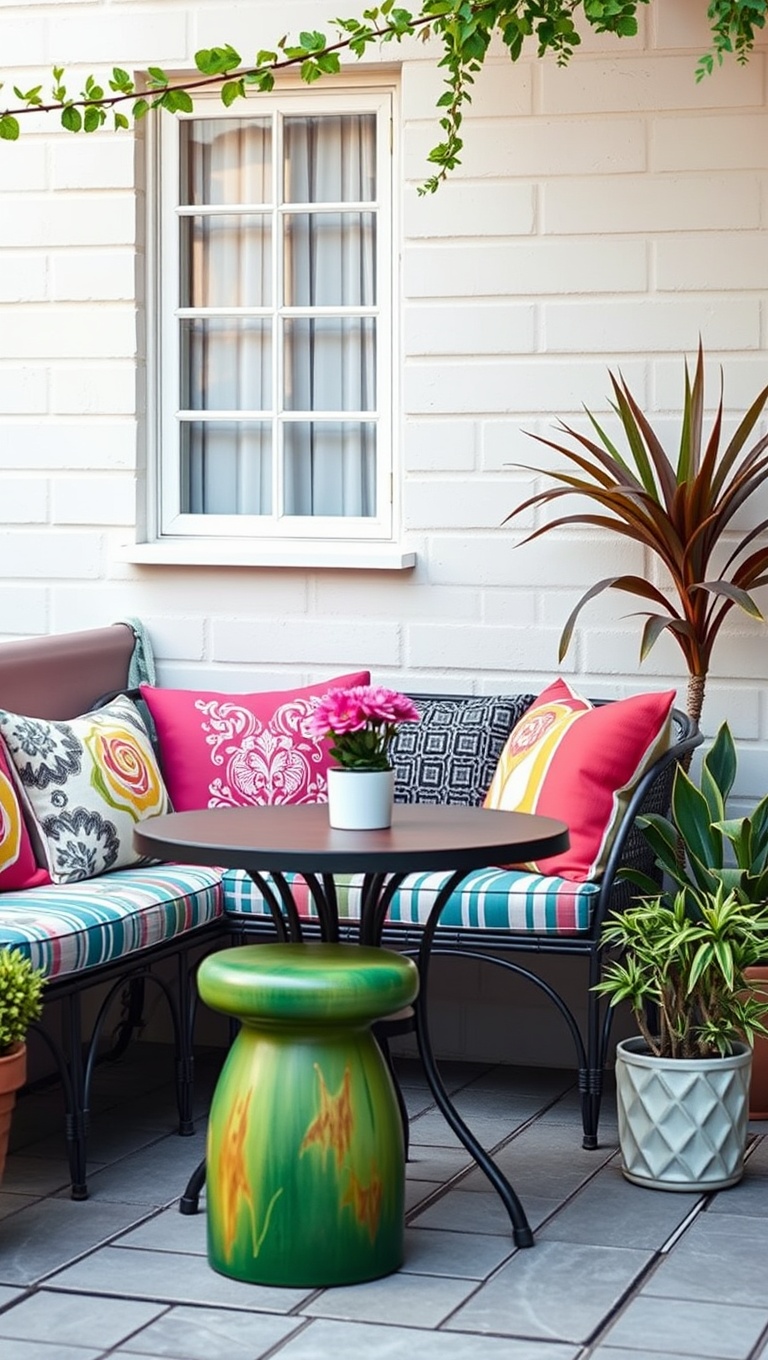 20 Fabulous Furniture Arrangements for Cozy Small Patios - 17. Colorful Cushions: Bright Cushions to Liven Up Simple Furniture