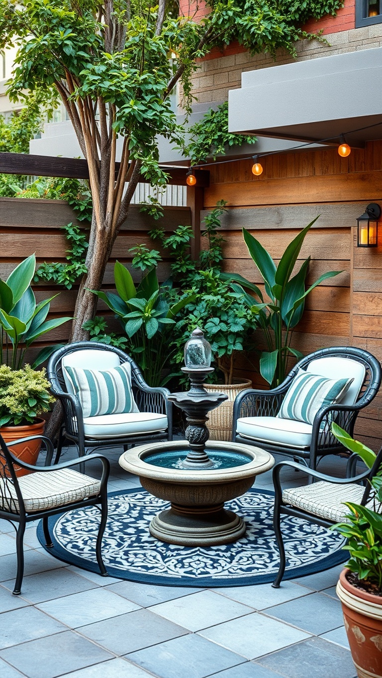 20 Fabulous Furniture Arrangements for Cozy Small Patios - 20. Personal Paradise: Add a Small Fountain for Serenity