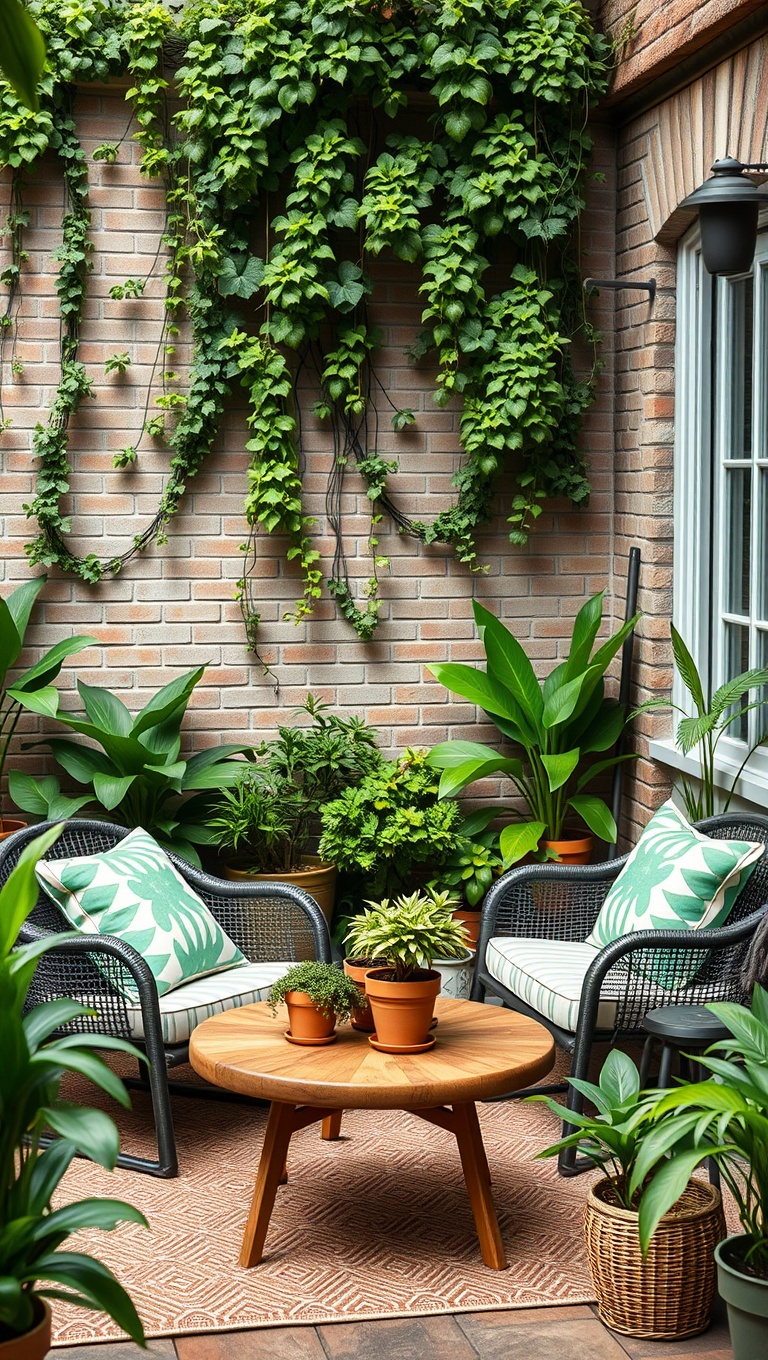 20 Fabulous Furniture Arrangements for Cozy Small Patios - 9. Green Oasis: Incorporate Potted Plants Around Your Furniture