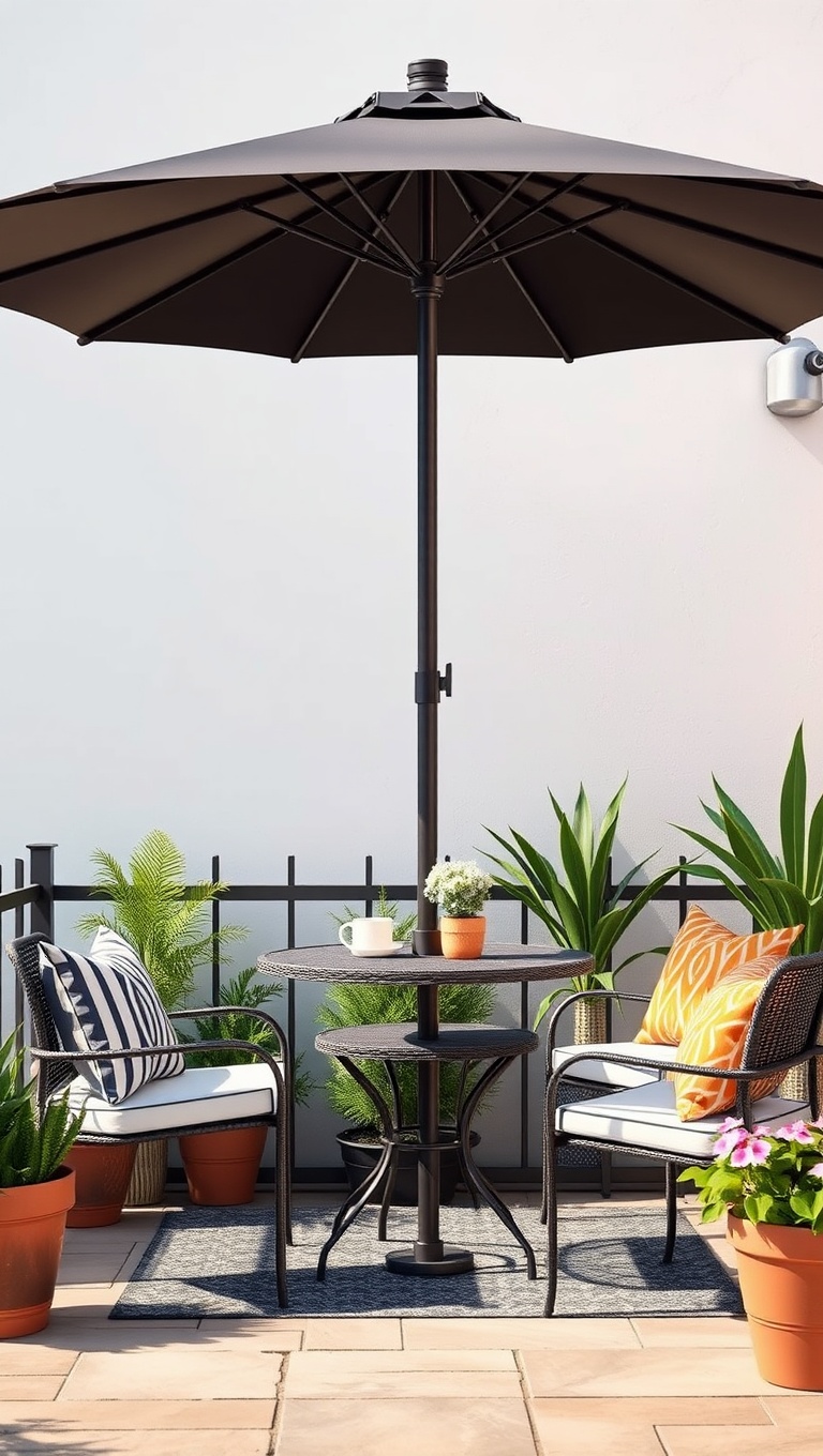 20 Fabulous Furniture Arrangements for Cozy Small Patios - Umbrella Delight: A Table with an Attached Umbrella for Shade