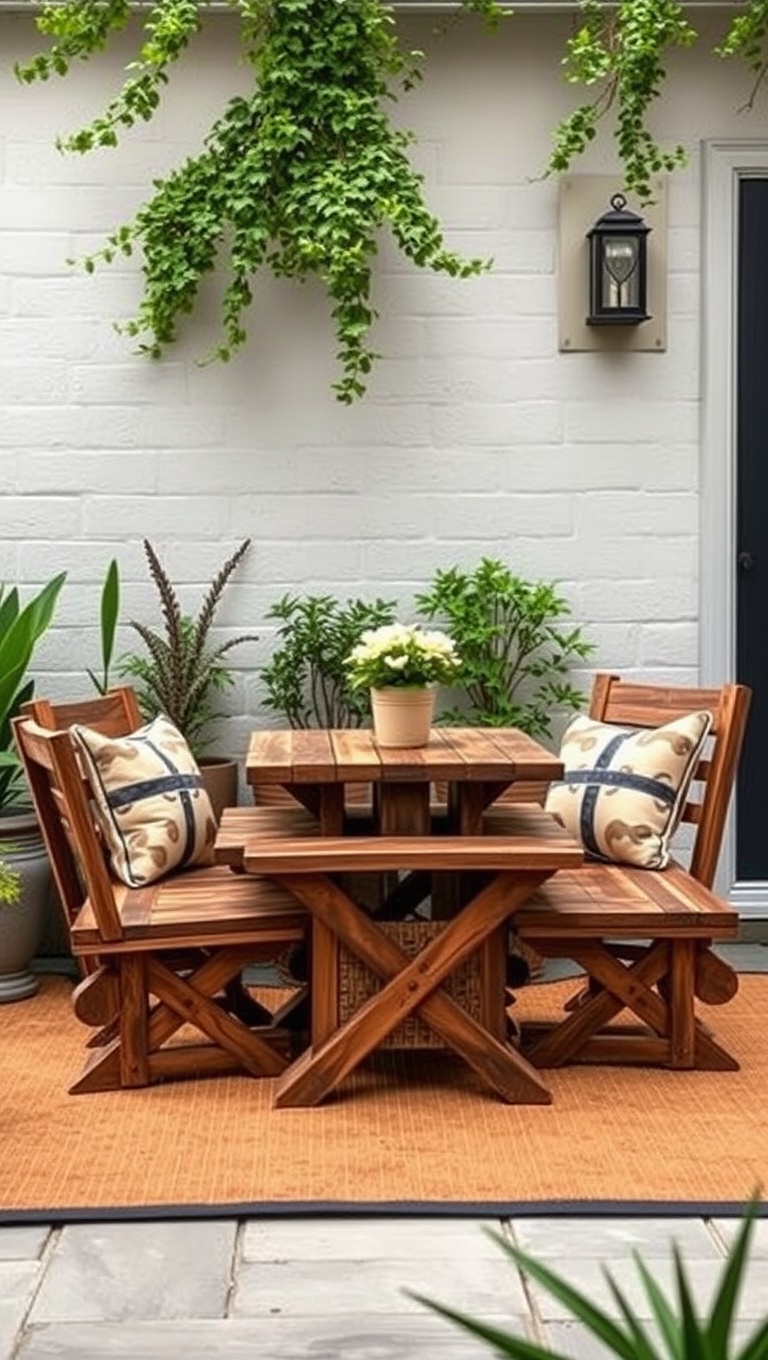 20 Fabulous Furniture Arrangements for Cozy Small Patios - 14. Rustic Charm: Reclaimed Wood Furniture for an Earthy Feel
