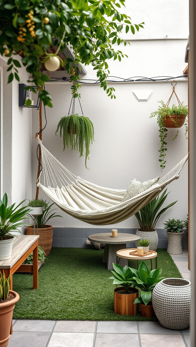 20 Fabulous Furniture Arrangements for Cozy Small Patios - 11. Hammock Haven: A Single Hammock for Relaxation