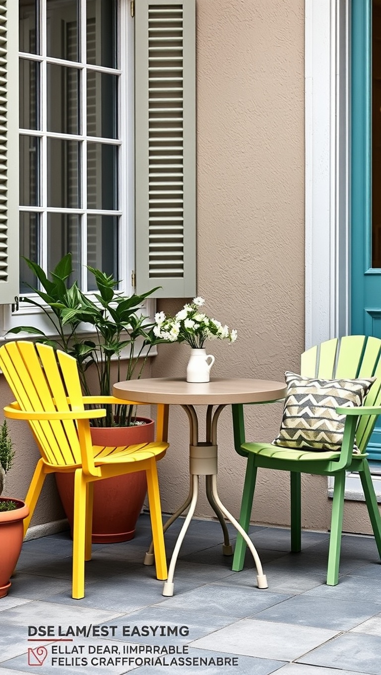 20 Fabulous Furniture Arrangements for Cozy Small Patios - 7. Color Pop: Bright Chairs with a Small Round Table