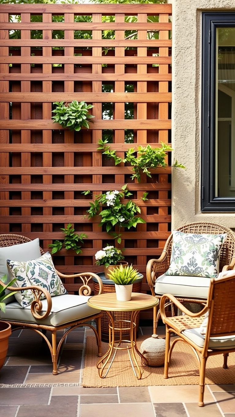 20 Fabulous Furniture Arrangements for Cozy Small Patios - 18. Lattice Love: Furniture Against a Lattice for Vertical Appeal