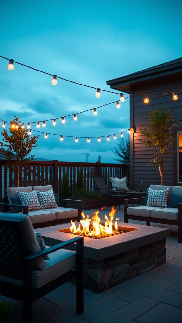 20 Hot Ideas and Inspiration for Modern Patio Fire Pits - 16. Fire Pit with String Lights for Ambiance