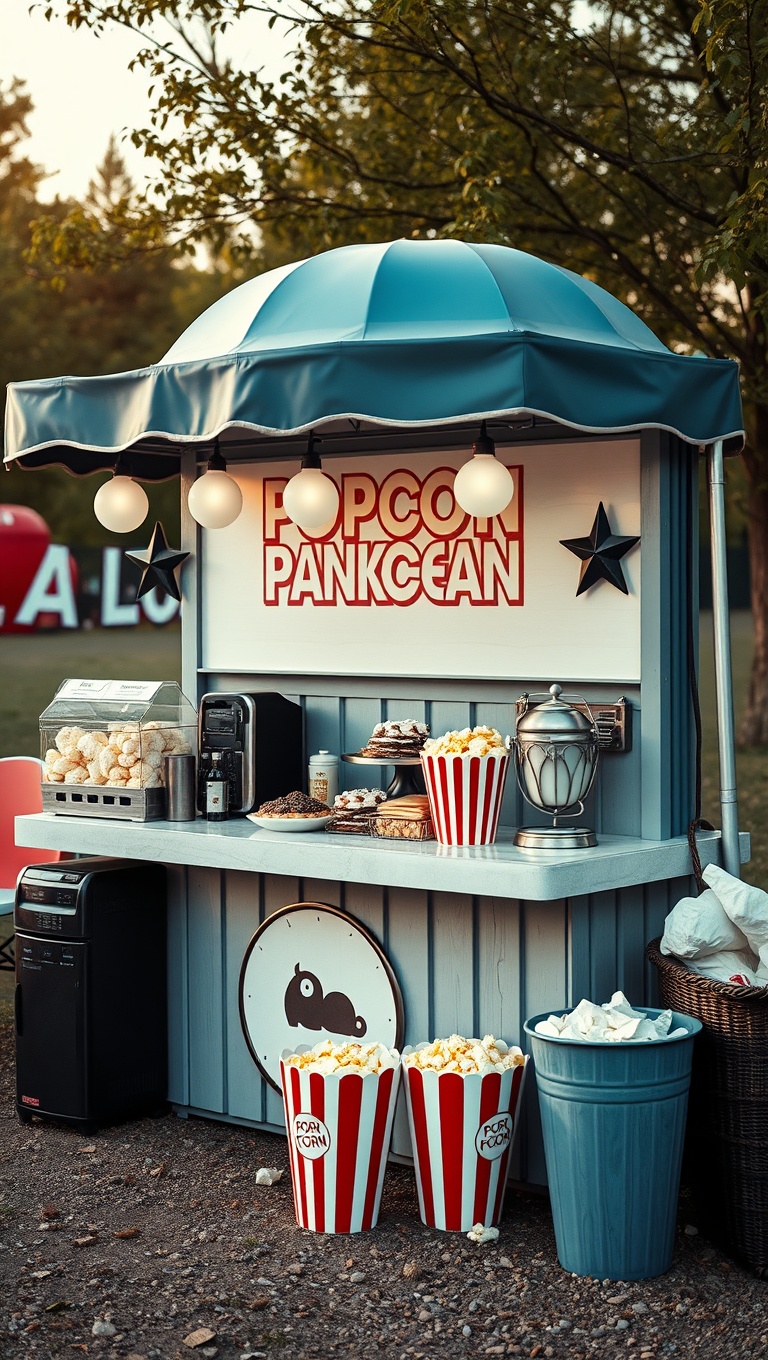 20 Creative Ideas for the Perfect Outdoor Movie Night! - 5. Movie-Themed Snack Bar: Popcorn and Treats Galore!
